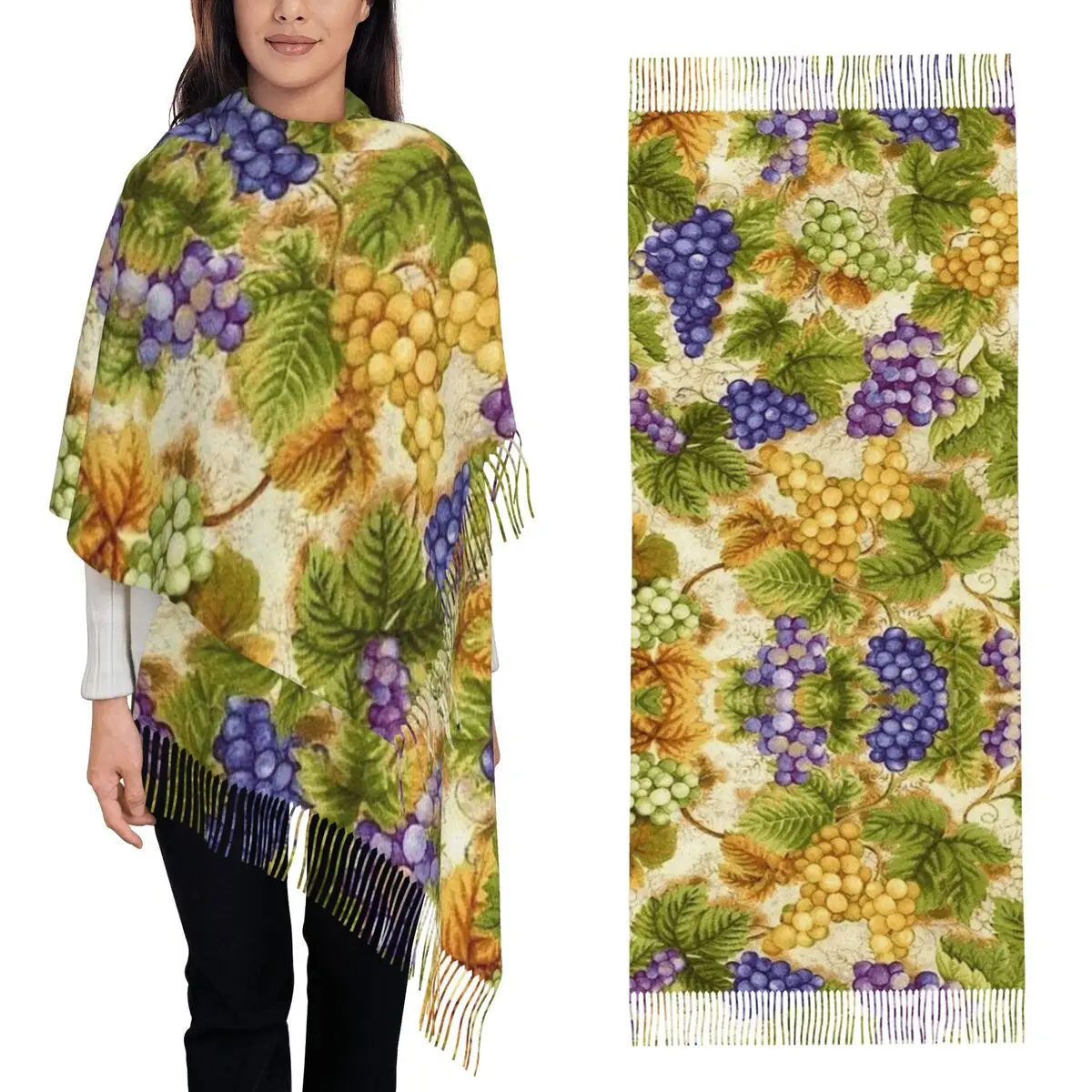 

Шарф с виноградными листьями и листьями винограда, шарфы с кисточками, женские мягкие теплые шали и накидки, длинная осенне-зимняя шаль