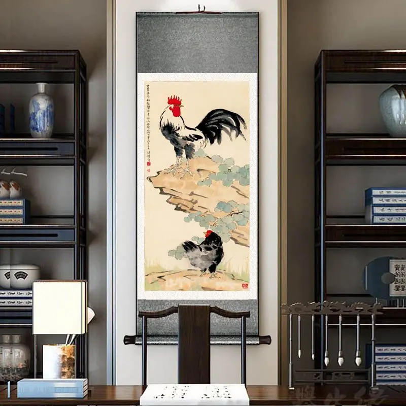 Chinese Rooster Ink Painting Scroll, Traditional Hanging Art, Good Luck Auspicious Wall Decor for Living Room Home Ornament