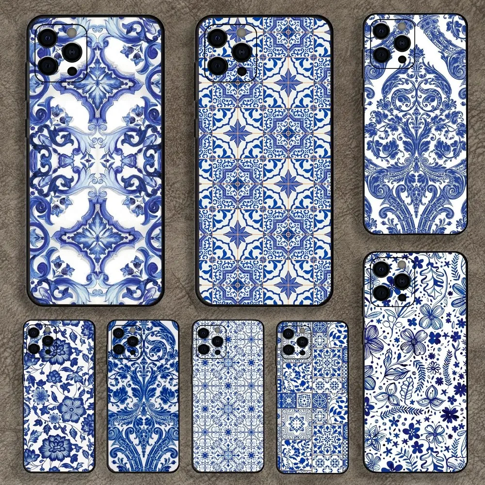 Azulejo Case ceramic glazed tile Phone Case For Apple iPhone 15,14,13,12,11,Pro,X,XS,Max,XR,Plus,Mini Soft Black Cover