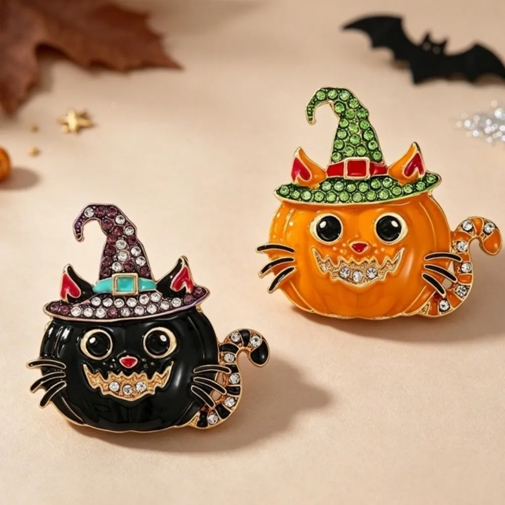 Halloween Cat & Pumpkin Enamel Brooch Pin with Witch Hat – detail image 11