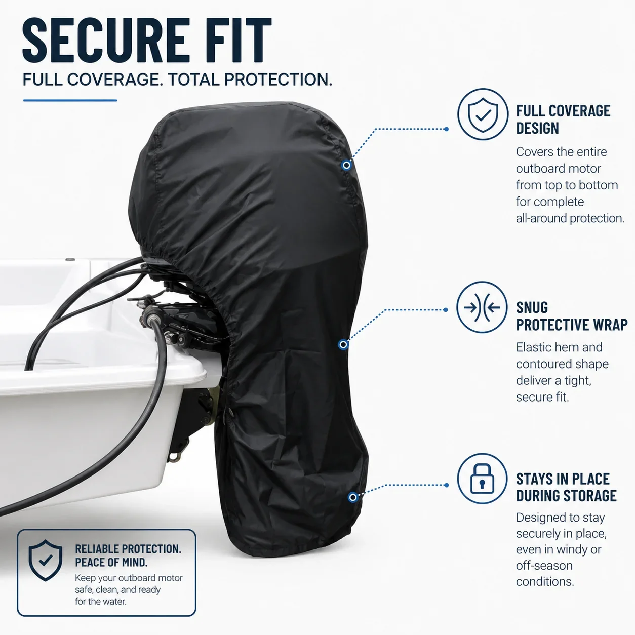 Outboard Motor Cover made of 210D Oxford Fabric with a Waterproof UV Resistant and Dustproof Design for 6 to 225 HP Boat Engines