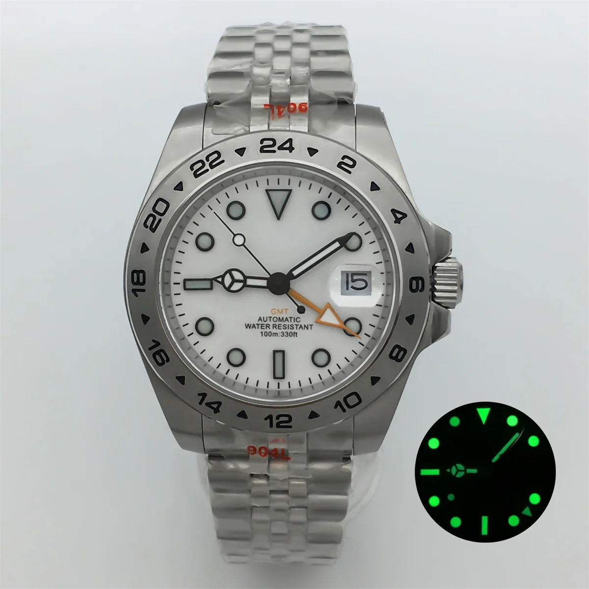 

BLIGER 40 мм NH34 GMT Мужские часы Белый Черный циферблат Оранжевый GMT Рука Зеленый Светящийся сапфировое стекло Ремешок из нержавеющей стали Datewindow