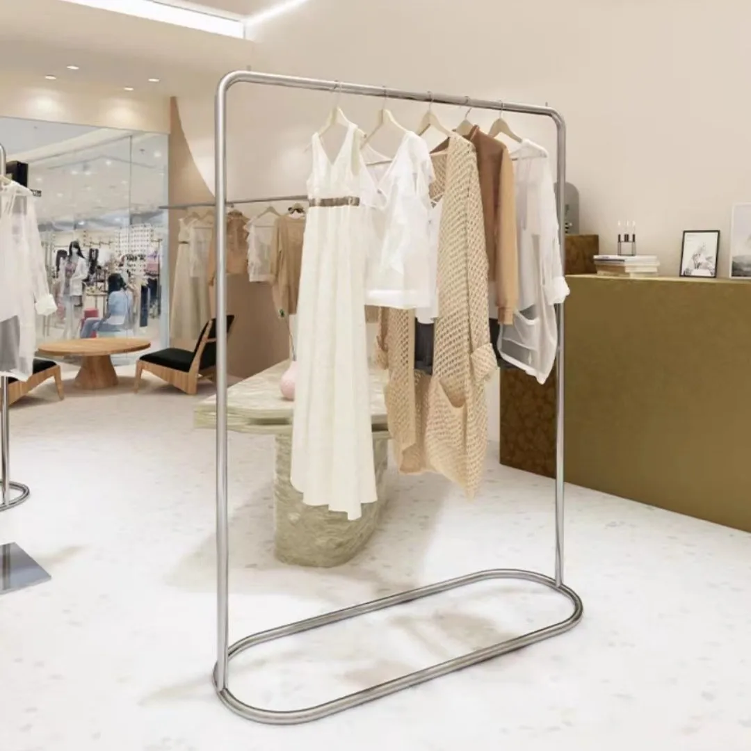 Stainless steel floor hanger oval simple double row display clothing store display rack
