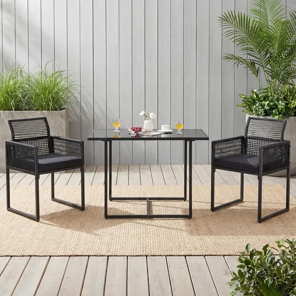 

3 Pieces Outdoor Dining Set, PE Rattan Patio Furniture Set with Folding Backrest, Cozy Seat Cushions, Tempered, Customized