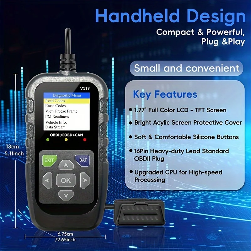 

OBD2 Диагностический инструмент сканера V119 Проверка считывателя кодов двигателя Тестер напряжения батареи Обнаружение Vltage OBD