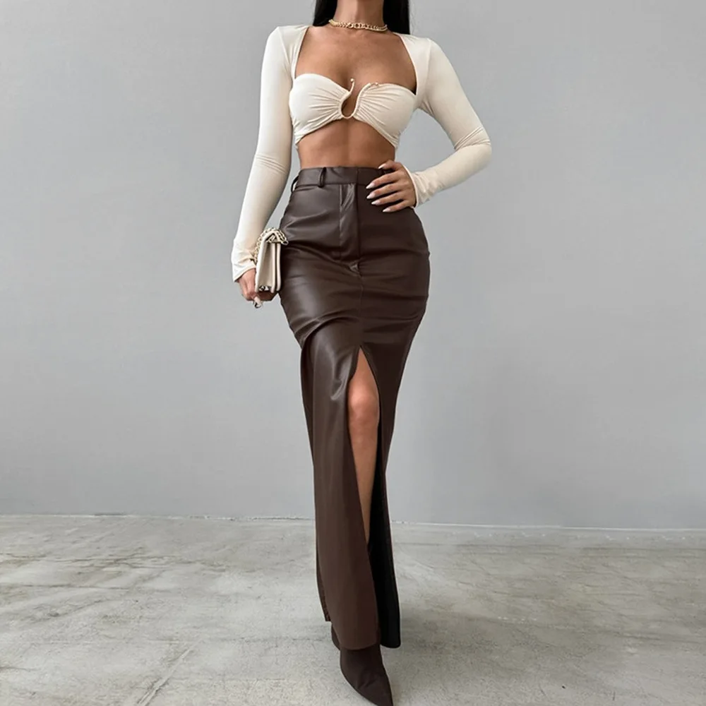 

2024 Style Temperament Fashionable PU Leather Solid Color Splicing Design Sense High Waist Split Fork Slim Long Skirt
