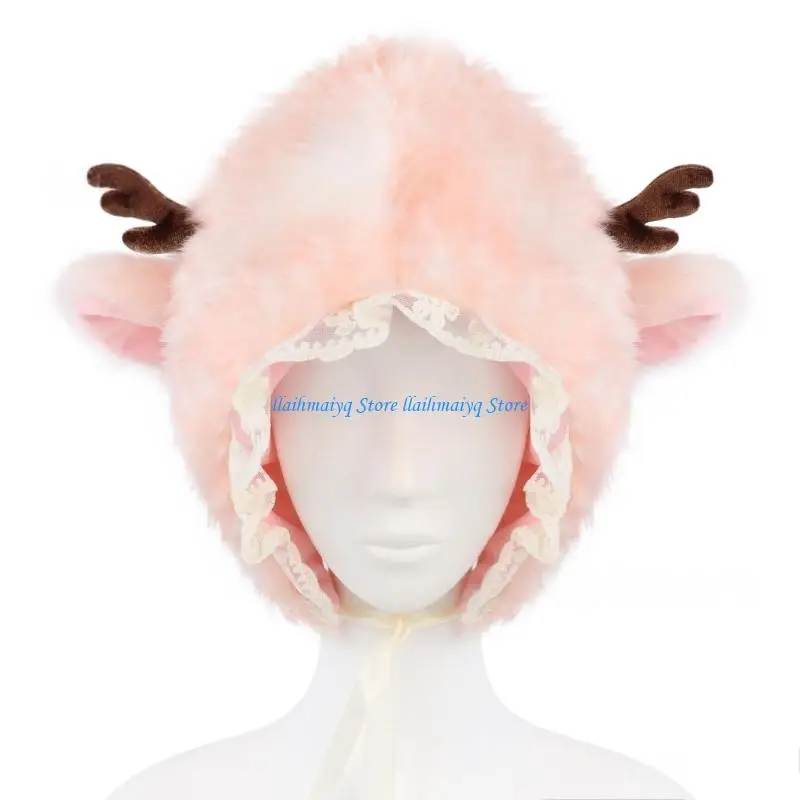 

573B Elk Spots Design Ear Flap Winter Hat Soft Acrylic Fibre Lace Trim Trapper Hat for Warmth Comfort Autumn Winter Wear