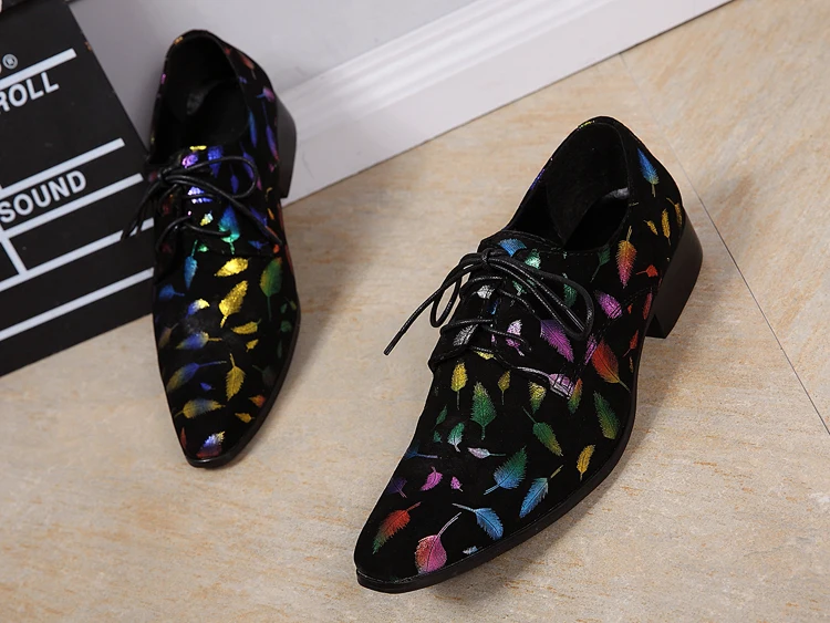 Pointed Toe Print Leather Fashion Casual Shoes Men Pointed Toe Lace Up Derby Shoes Stylist Singer Dancer Celebrity Shoes 37-46