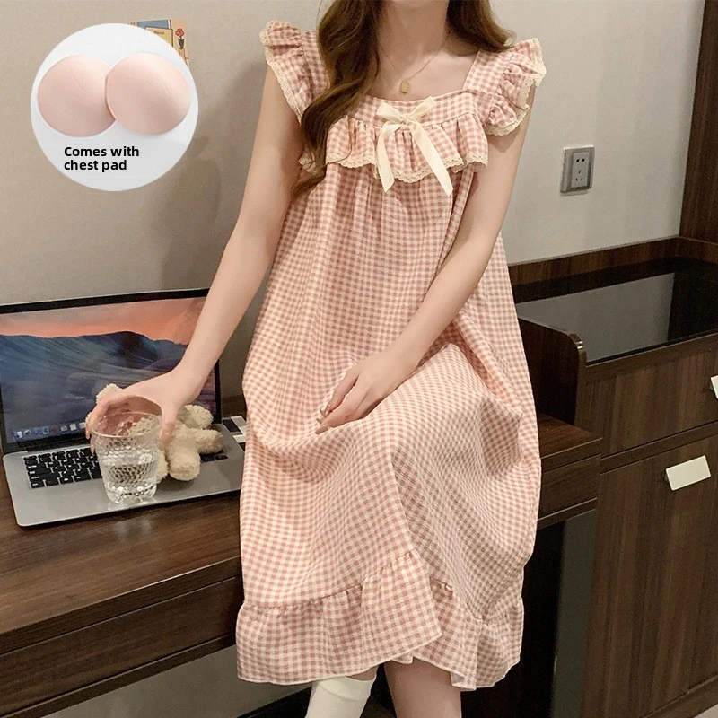 New Plaid Nightgown For Women, Summer Camisole With Chest Pads, Mid-Length, Thin, Loose-Fitting Home Wear