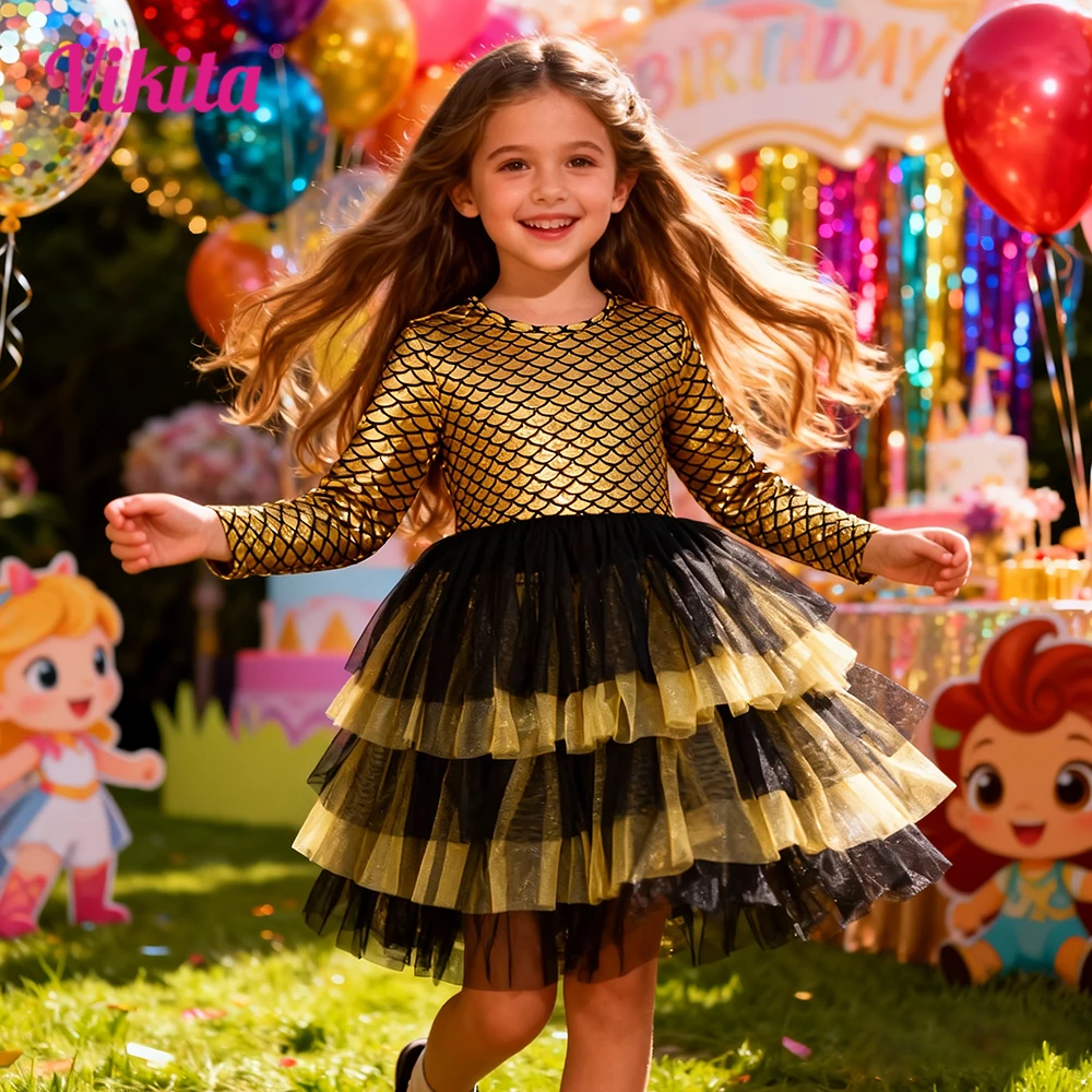 VIKITA Mädchen Langarm Herbst Frühling Gold Schimmernde Sparkly Performance Abendkleid Mädchen Geschichteten Tüll Mesh Tutu Mode Kleid