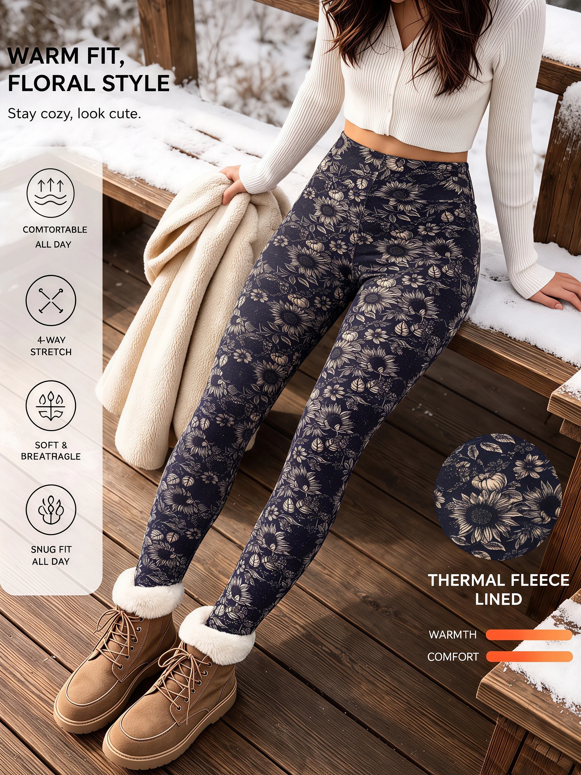 1er-Pack Damen-Leggings mit Sonnenblumen-Print in Marineblau, Fleece-gefüttert, hohe Taille, hochelastisch, hautfreundlich, Retro-Blumenmuster, warme Hose – Detail 5