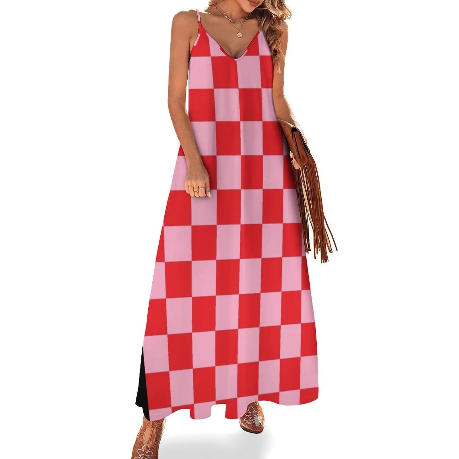 

Checkered Pink and Red Sleeveless Dress elegant dresses for women Dress for pregnant women Women's summer skirt