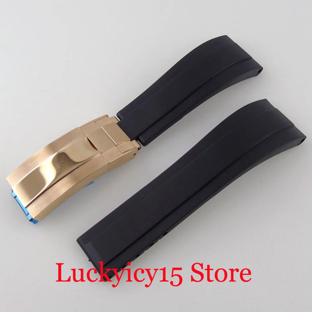 Rubber Silicone Watchbands Strap 20MM Width Lugs Black/Rose Gold Stainless Steel Deployant Clasp Fit 40MM Men's Automatic Watch