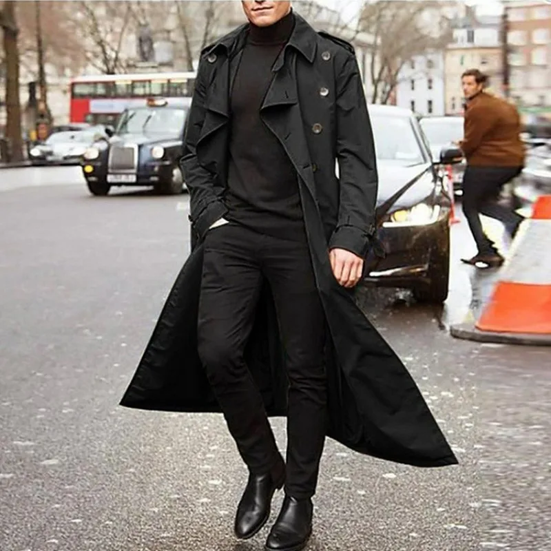 KIDWHXR Autumn Men Trench Coat Turn Down Collar Male Overcoat Simple Solid Mid Length Long Sleeve Man Windbreak Outerwear