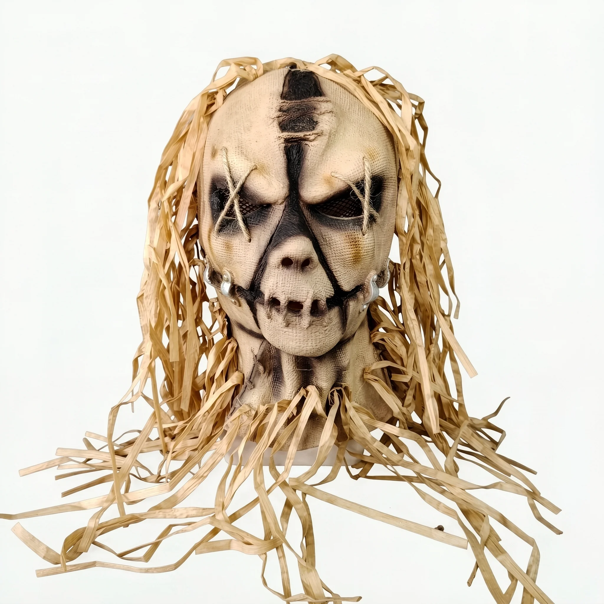 Halloween Creepy Scarecrow Latex Mask with Natural Straw Hair, Terrifying Cos Prop for Adult Haunted House Carnival Party