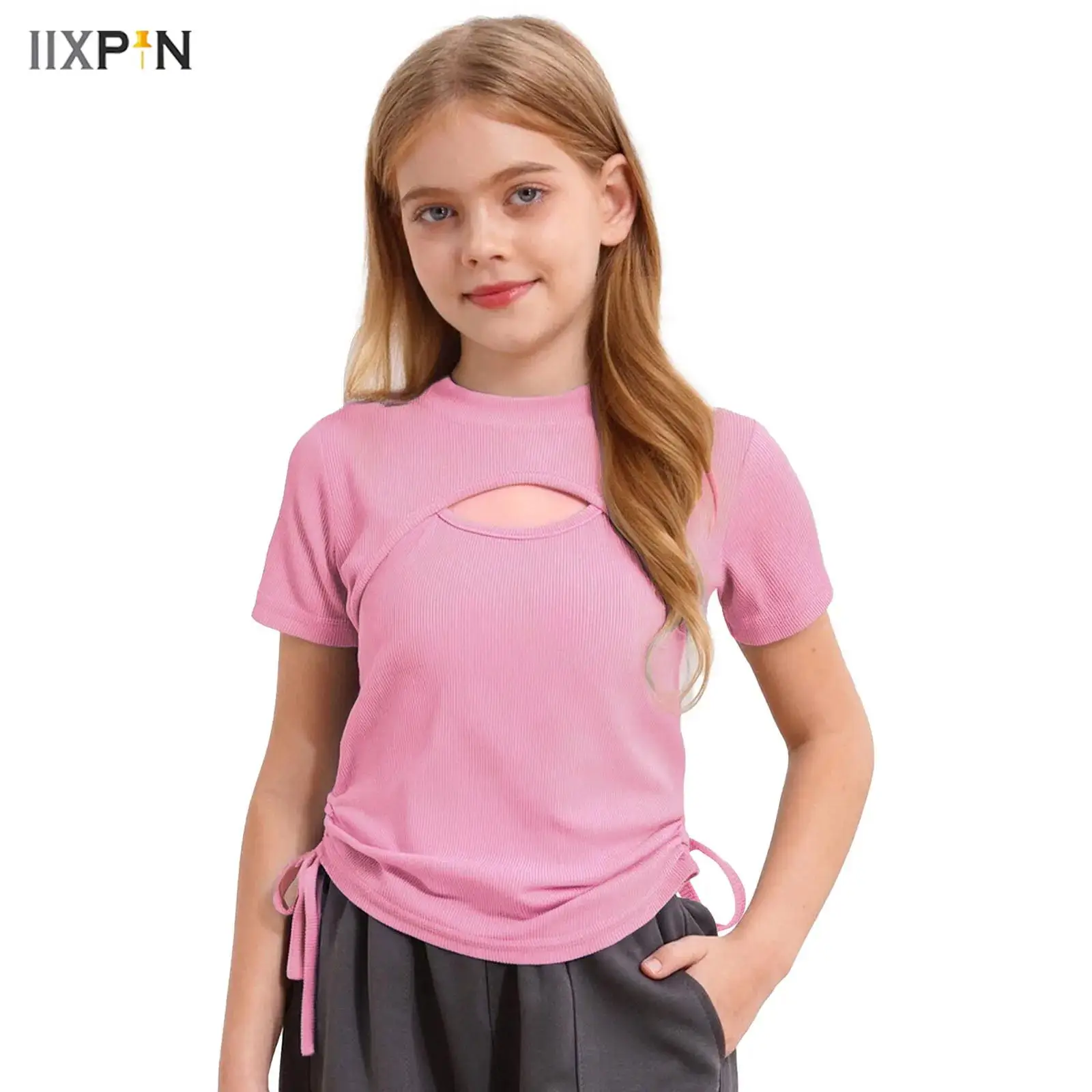 

Summer T-shirt for Kids Girls Fashionable Solid Colour Drawstring Cutout Tee Top Casual Short Sleeve Ribbed Shirts Pullover Tops