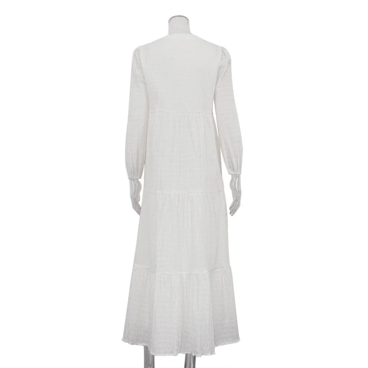 2025 nuevo vestido Casual plisado de algodón francés para mujer, cárdigan de manga larga con cuello redondo, vestido largo blanco, vestidos bohemios para vacaciones en la playa