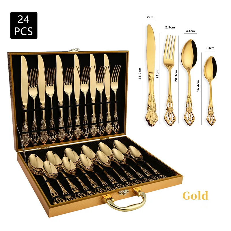 24pcs KuBac Luxury Golden Stainless Steel Steak Knife Fork Set Gold Cutlery Set With Luxury Wood Gift Box 16Pcs Drop Shipping