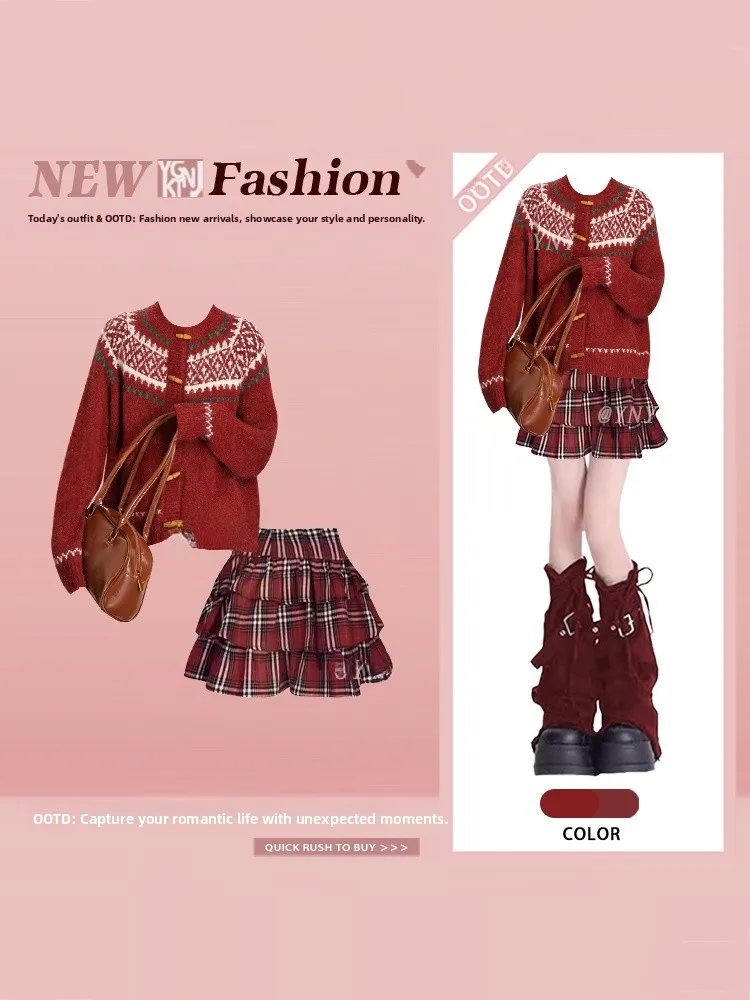 

Fair Isle Knit Sweater And Plaid Pleated Skirt Set Women's Winter Faion College Sle Outfit High Waist ort Skirt