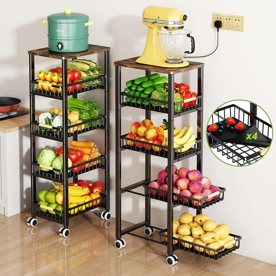 Panier de rangement pour fruits et légumes pour la cuisine, grands paniers extractibles en fil métallique à 5 niveaux avec 4 tapis, dessus en bois et roues inférieures