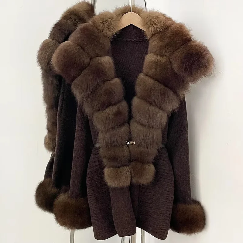 Belt Loose Fit Warm Winter Fashion Knitted Cardigan Outerwear Natural Fur Sweater Women's Knit Coat With Real Big Fox Fur Collar