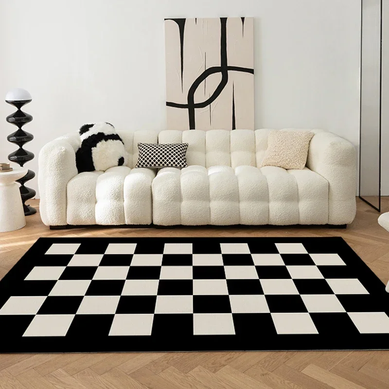 

Black White Checkerboard Fluffy Carpet Living Room Decoration Home Sofa Cream Style Bedroom Girl Room Rug Anti-skid Floor Mat