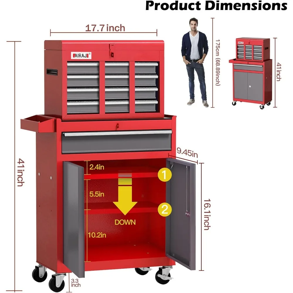 Скриня для инструментов на колесиках с 7 ящиками, высота 40 со съемной металлической верхней коробкой для ремонта и хранения в гараже
