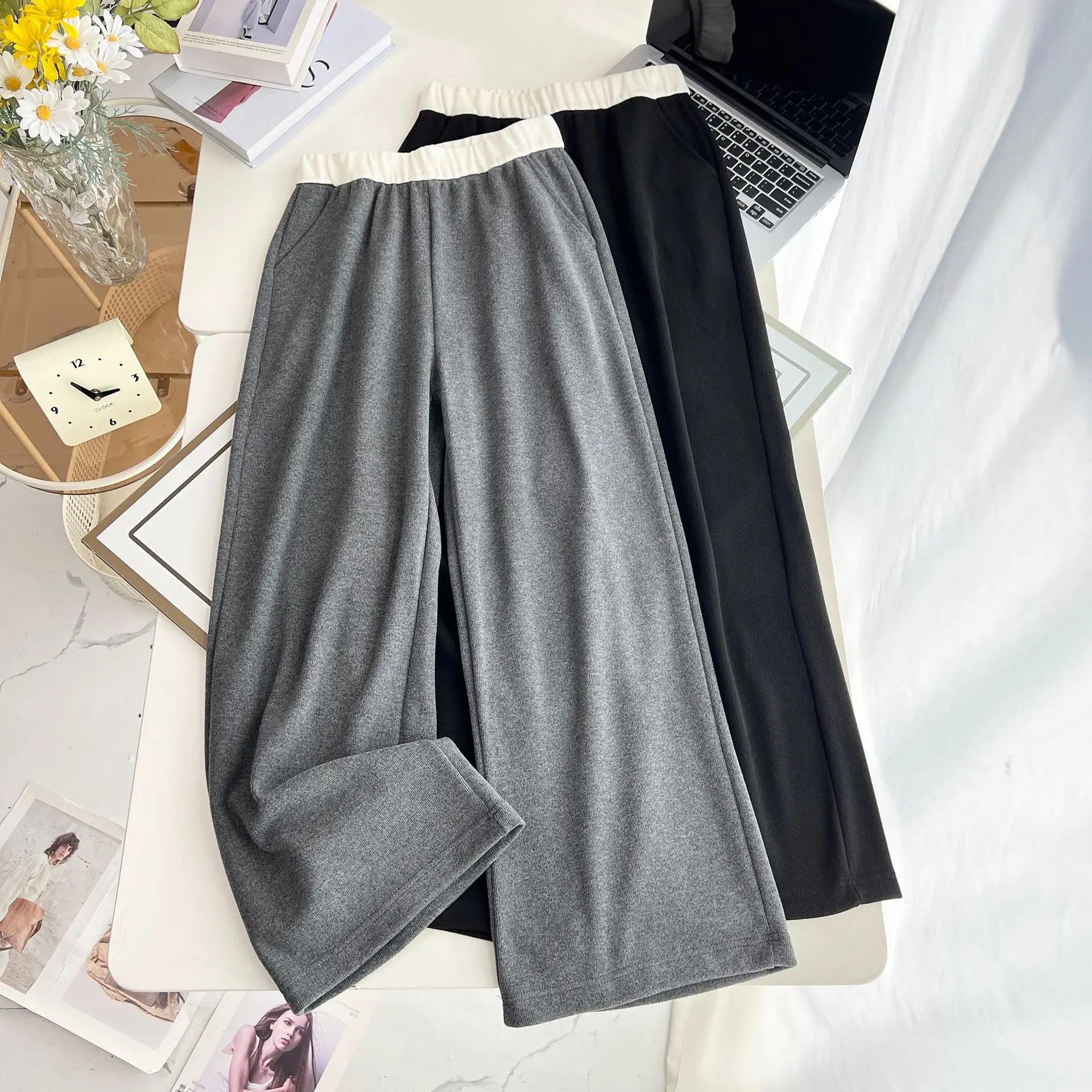 حجم كبير المرأة السراويل الساق المستقيمة الخريف عارضة اللون حجب هايت الخصر واسعة الساق السراويل 387