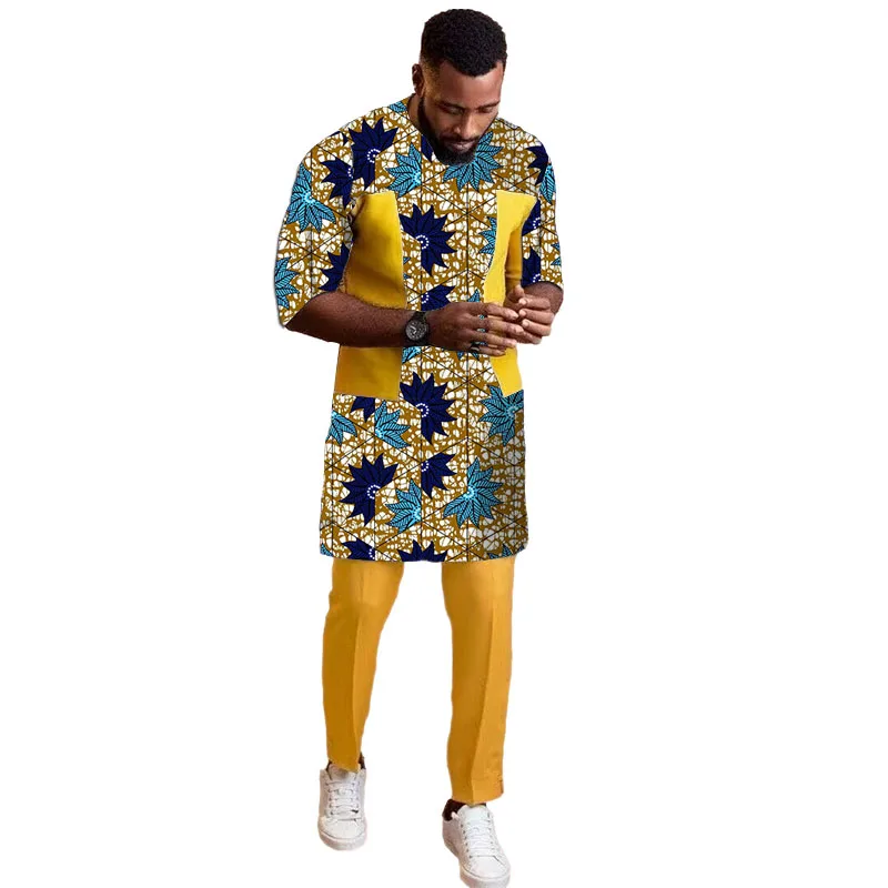 

Nigerian Style Men Yellow Set Clothing Patchwork Shirts With Solid Trousers Male Pant Suits Traditional Style Wedding Wear