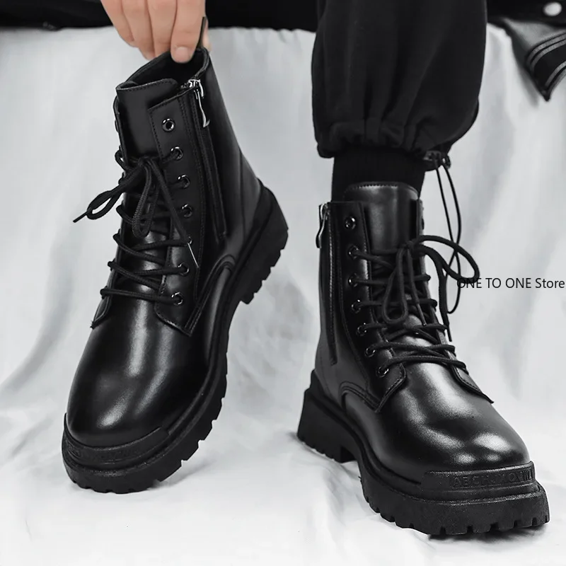 High Top Doc Martens Men's Summer Black English Cargo Leather Boots, Men's Premium Sense, Full Side Zipper Riders Riding Boots