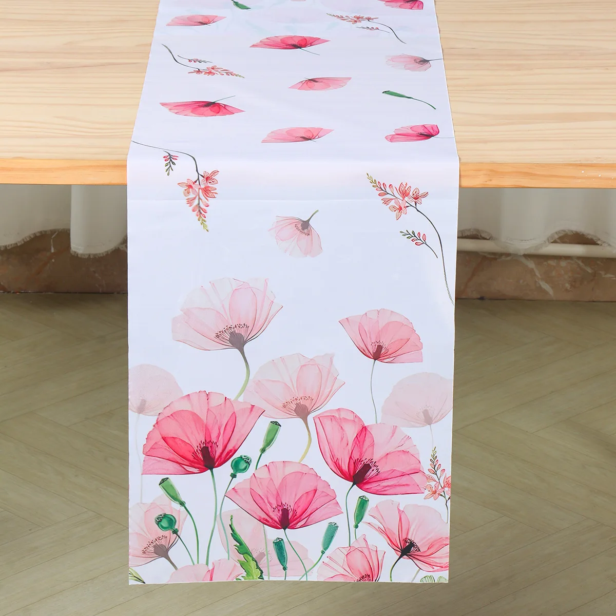 Brown Table Runner Poppy Floral Leaves Spring Seasonal Summer Kitchen Dining Table Decoration for Home Party Decor Table Flag