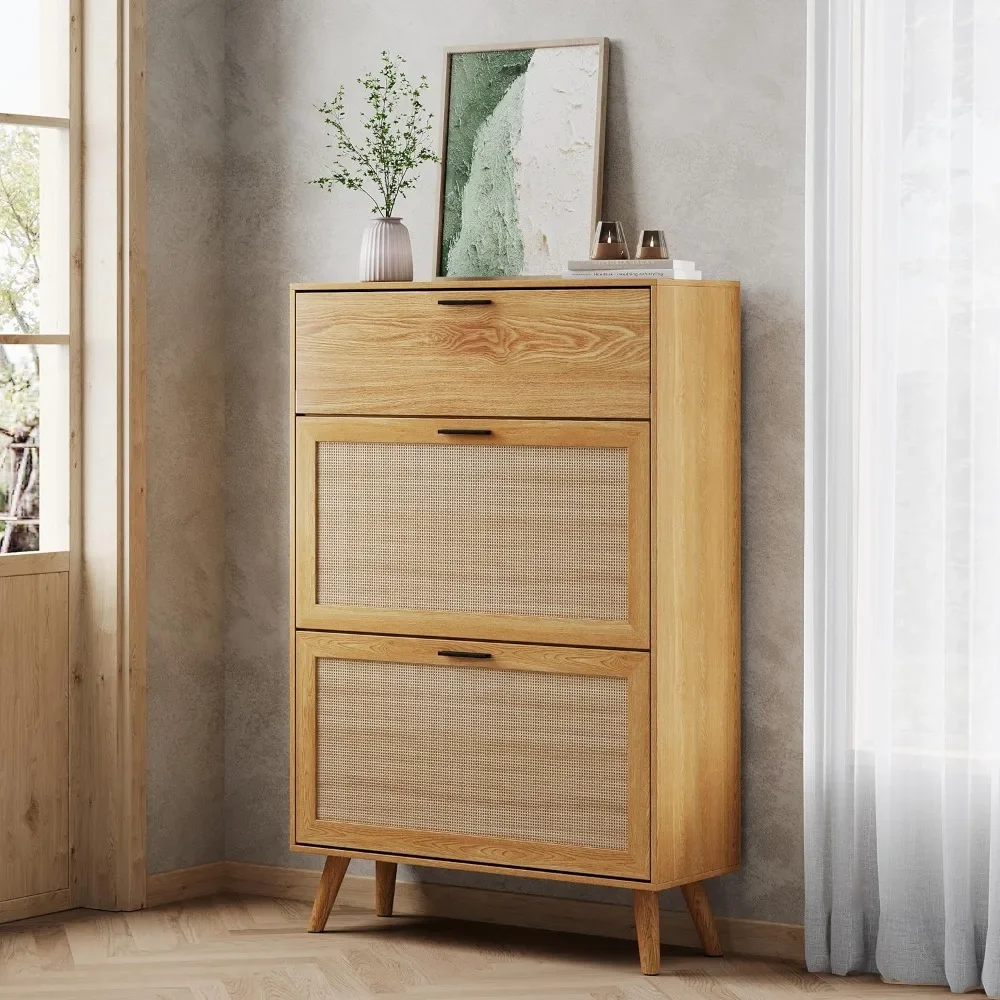 

Natural Rattan Shoe Cabinet, Entryway Shoe Cabinet with 2 Flip Drawers and Hidden Cabinet, Shoe Organizer Cabinet