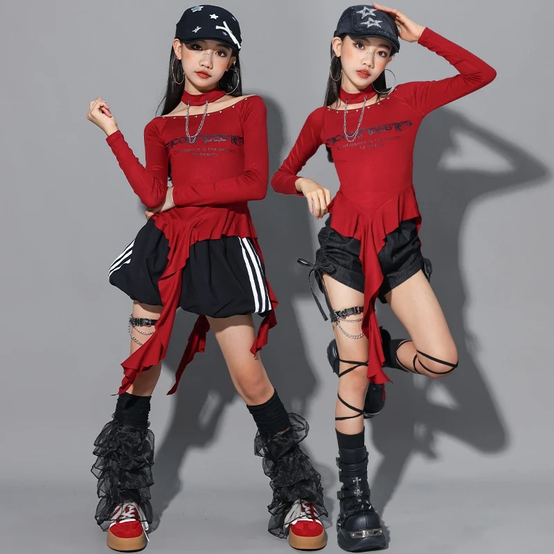 Meisjes Jazzdans Kostuum Onregelmatige Rode Tops Zwarte Broek Hip Hop Kpop Prestaties Kleding Lange Mouwen Straat Kleding BL17100