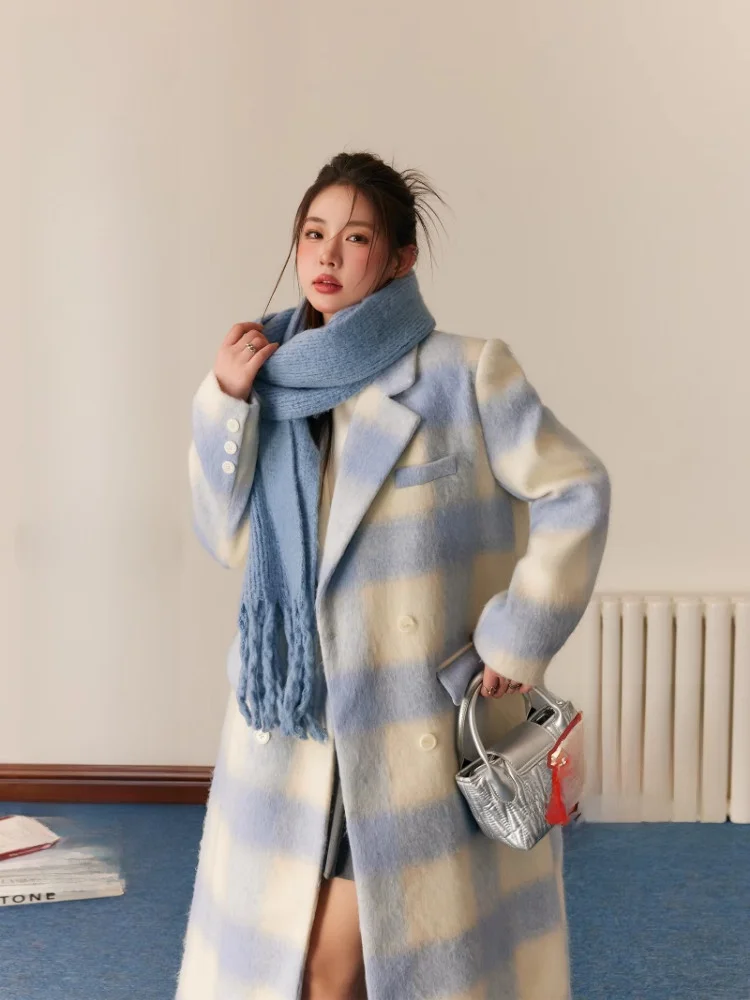 

Длинное шерстяное пальто больших размеров в Корейском стиле с узором «Чесни», модная верхняя одежда в стиле ретро «Мисс Чжан, большая сестра», Новое поступление