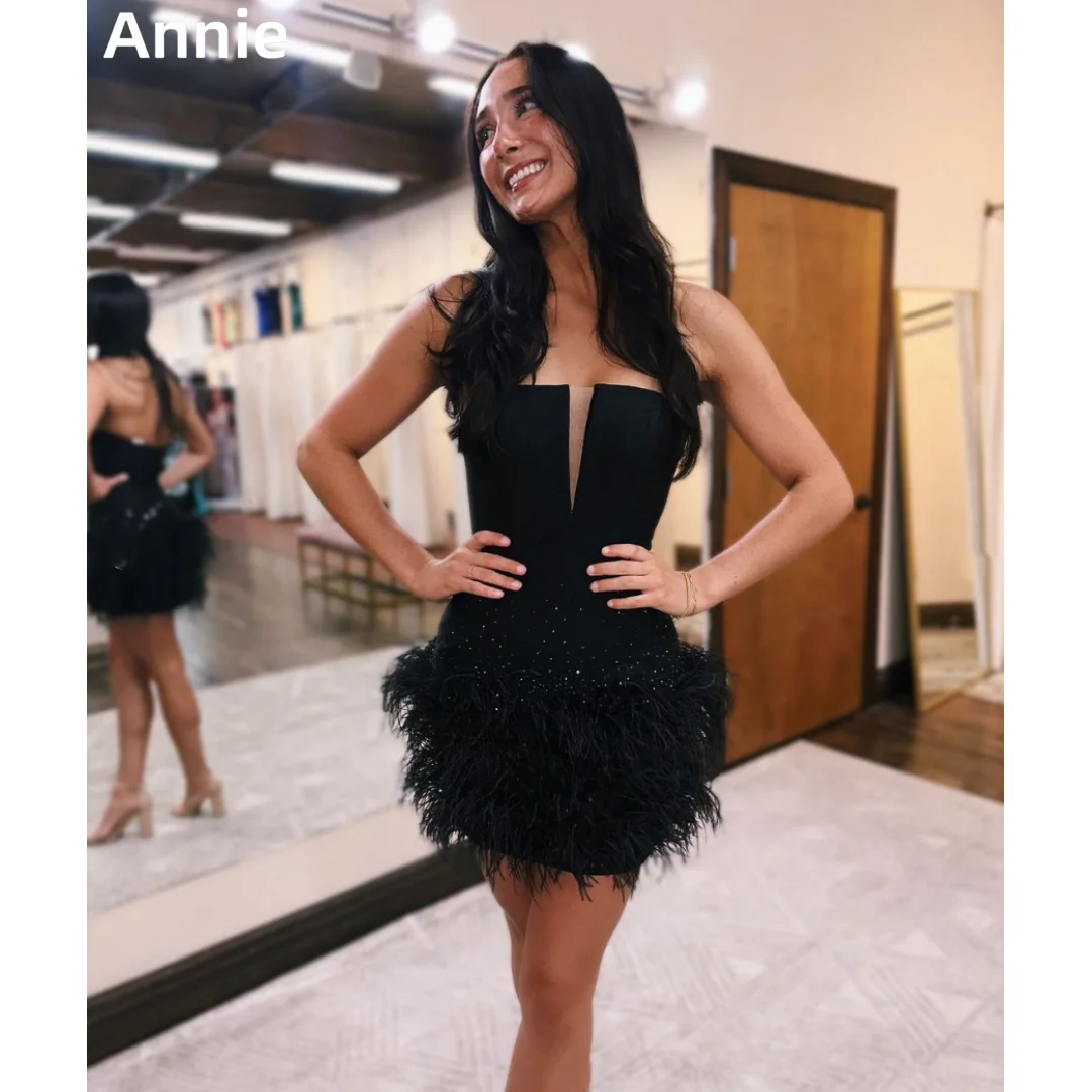 Annie abito da sposa nero le piume di paillettes sono lussuosi abiti da ballo Sexy Mini Crop con spalle scoperte abiti da occasione su misura