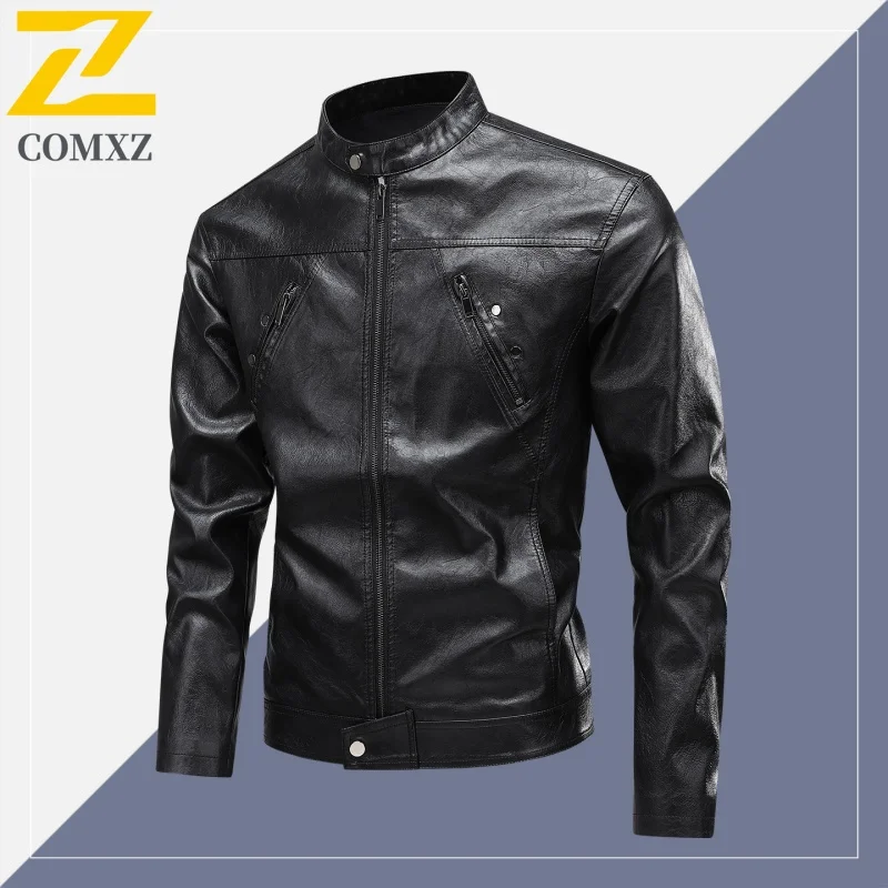 2025 PU Leather Jacket Men Winter Retro Motorcycle Faux Leather Jackets Stand Collar Windbreaker Ropa De Hombre Slim Biker Coat