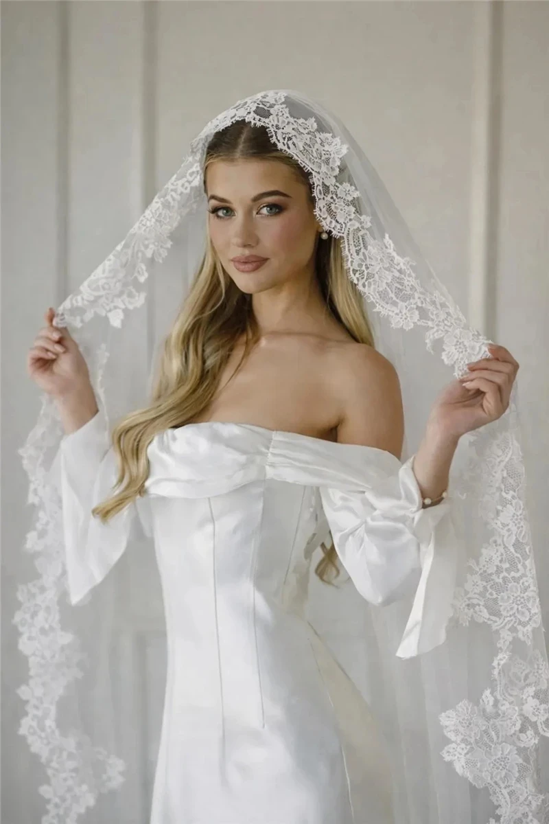 Customized 1 Tier Mantilla Cape Wedding Veil Long Full Lace Edge Cathedral Bridal Veils Wedding Accessories Doda Velo De Novias