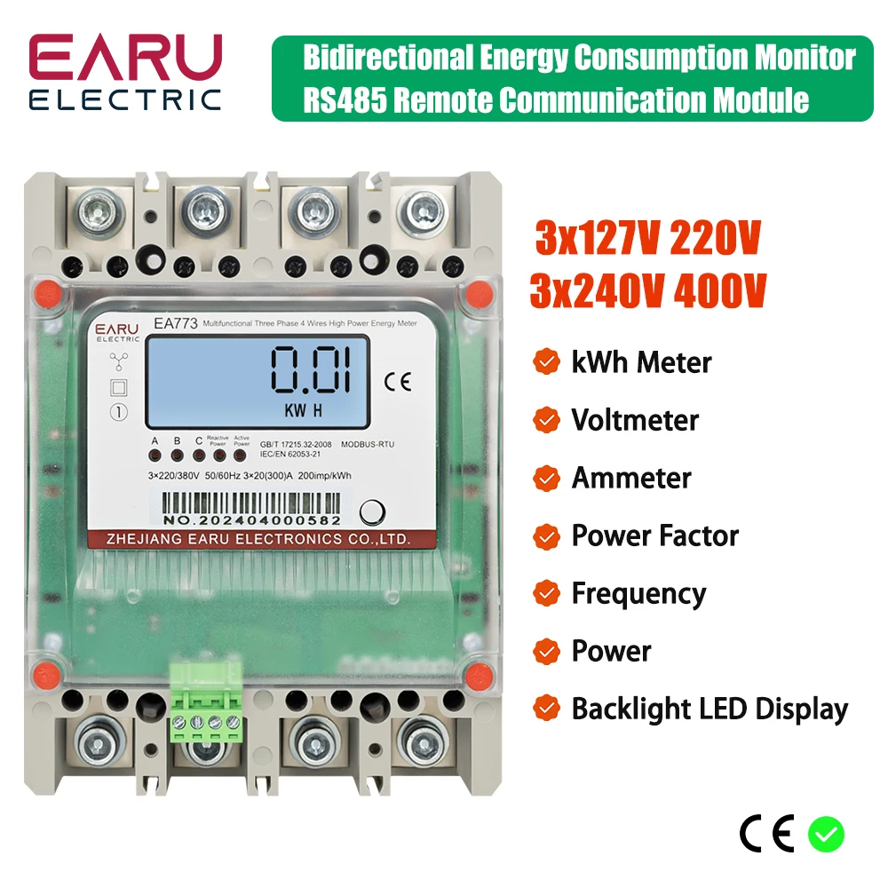 Three Phase 4 Wires 300A 3*220V/380V Multifunctional Direct Wiring High Load Power Energy Meter Monitor Backlight Display RS485