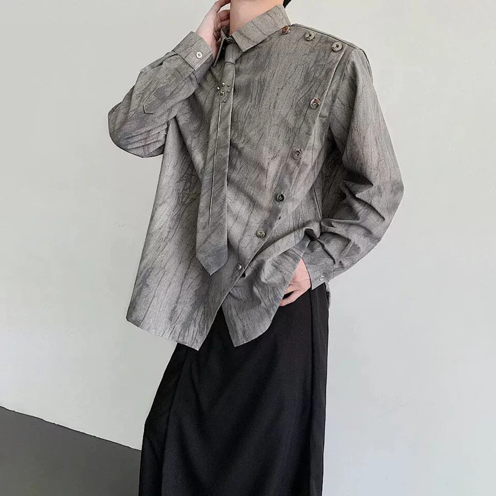 

Mens Shirts Y2k Shoulder Pads Side Plackets Rivet Ties Shirt Streetwear Fashion Smudged Long-Sleeve Tops Men'S Clothing 2025 New