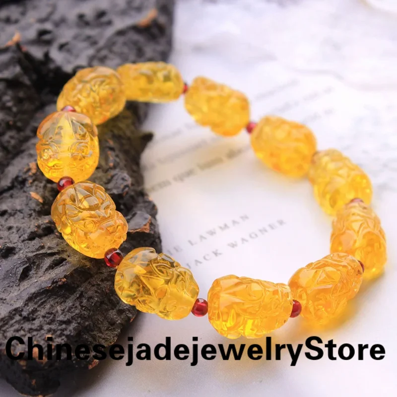 

Genuine Natural Yellow Amber Pi Xiu Carved Beads Bracelet Gold Amber 12x9mm Women Men Healing Stretch Crystal Jewelry AAAAA