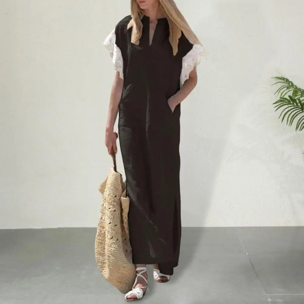 

Lady Dress A-line Bohemian Dress Bohemian Style Retro A-line Maxi Dress with V Neck Lace Cuffs Side Pockets Women's Summer