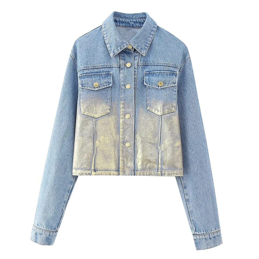 Retro Denim Short Jacket For Women 2025 Autumn Round Neck Female Light Denim Blue Coats Button Pocket Decoration Jackets