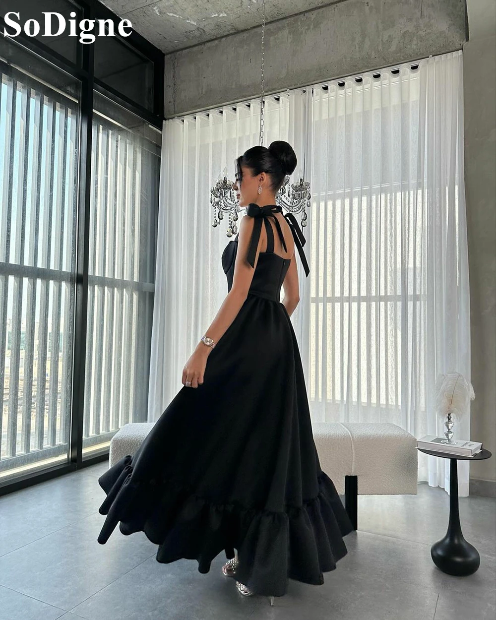 SoDigne Elegant Black Evening Dresses Sweetheart A-Line Bow Straps Ruffles Pleated Party Dress 2024 Formal Occasion Prom Gowns