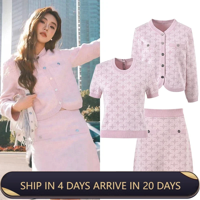 

Charming Pink Three-piece Set With Jacquard Design Knitted Cardigan Round Neck Short Sleeved Top And Skirt