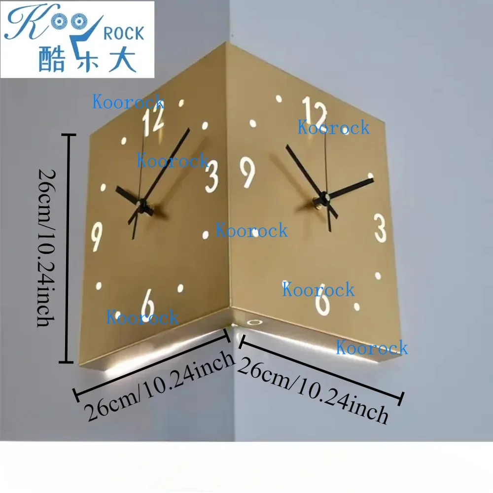 Inductive luminous corner clock, square living room, double-sided clock, iron digital hollowed out double-sided wall clock