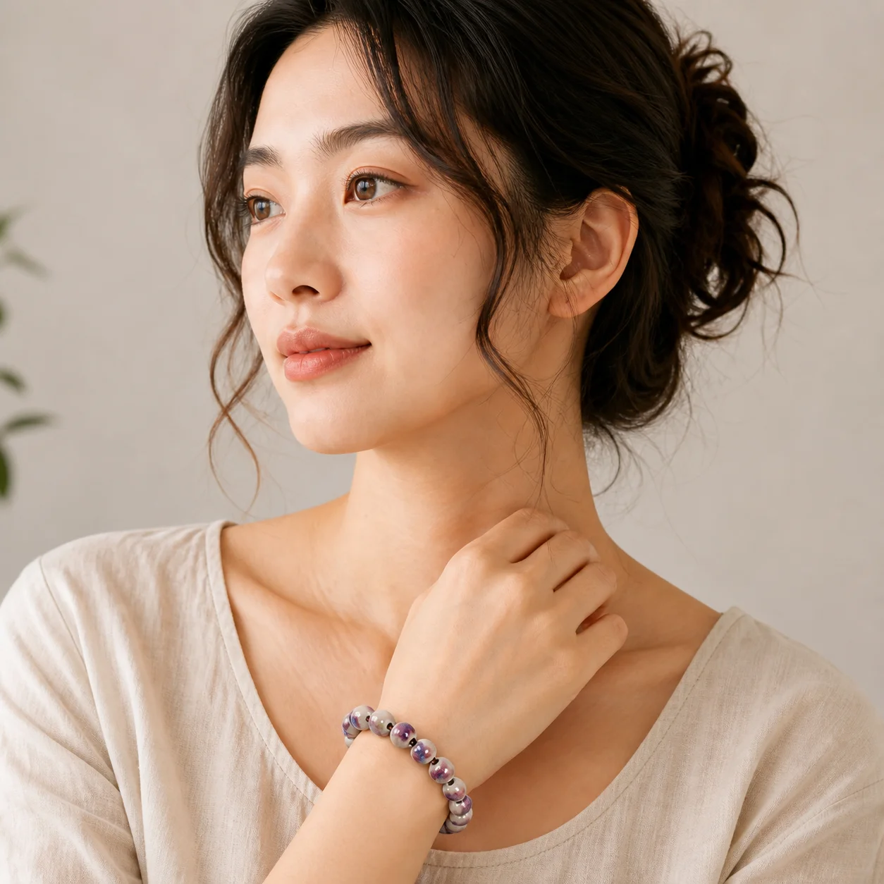 Light Gray Imperial Consort Handmade Ceramic Bead Bracelet with Elastic Cord and Handwoven Jewelry Accent 608P2-01