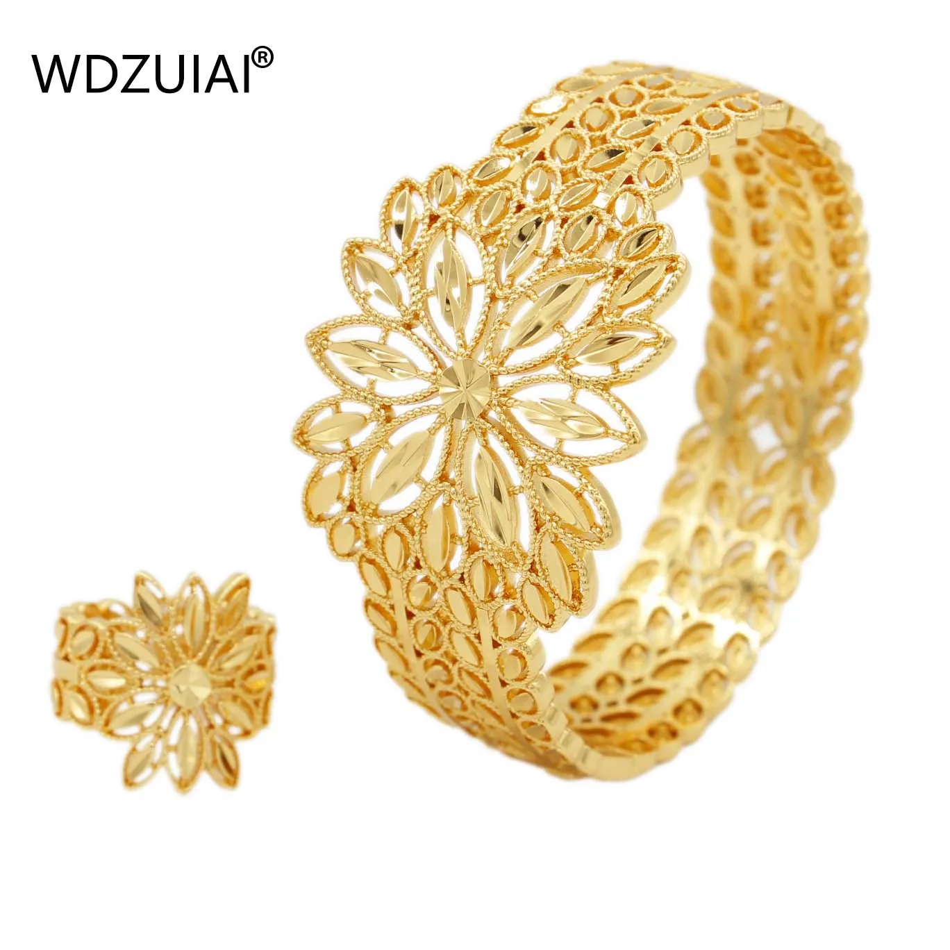 WDZUIAI New Fashion Can Open Bracelet and Ring Set Jewelry Dubai Arab Women Bridal Wedding Jewelry Hand Bangle Christmas Gifts