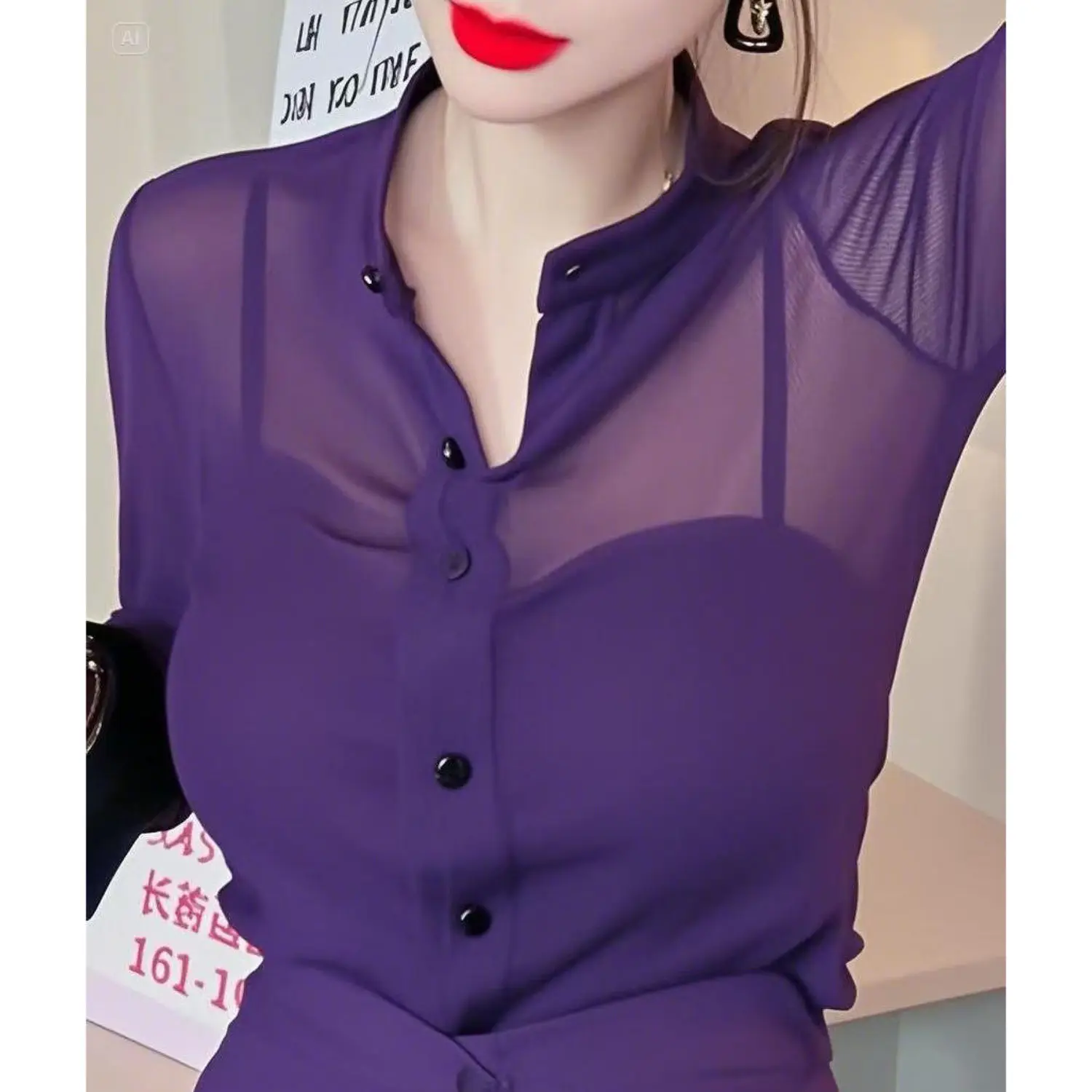 

Фиолетовая французская рубашка с воротником-стойкой для женщин весной и осенью 2024, новая рубашка с длинными рукавами, однотонный тонкий топ