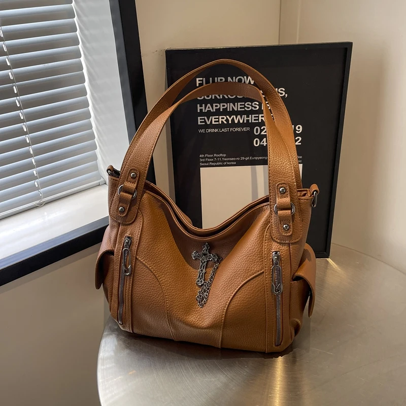 

Women PU Hardware Cross Tote Bag Handbag Underarm Bag Large Capacity for Travel Shopping Daily Use