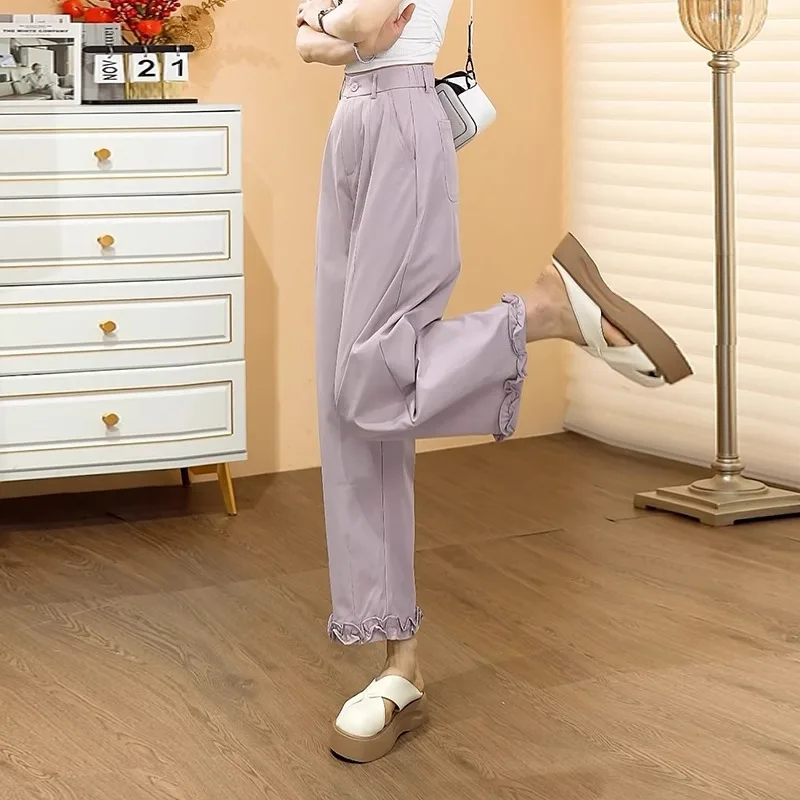 

Comfortable Ruffled Hem Nine-point Banana Pants for Women, Summer Thin Versatile Loose Straight Pants